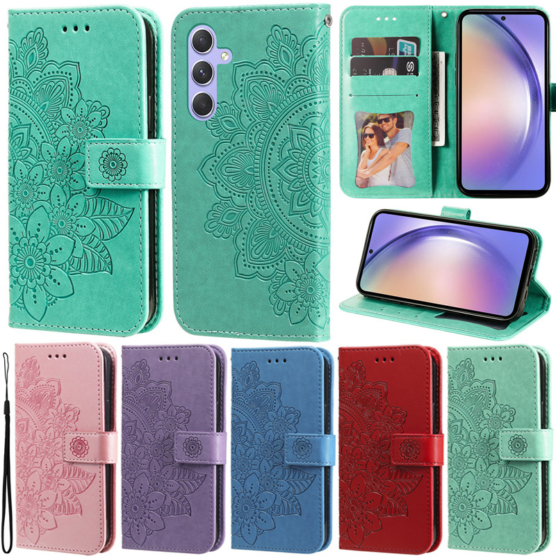 Carcaça De Luxo Para Samsung Galaxy A54 A34 A14 M34 M54 M14 5G A24 4G A05S A05 A15 A14 4G F54 F34 Carteira De Flores Finas Couro Pu Macio Slots Flip Skin Protect Stand Cover Case