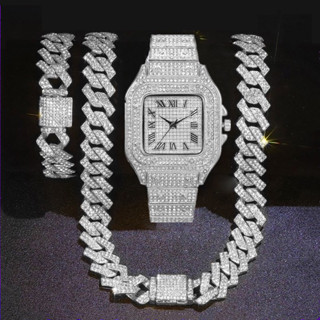 Novo Relógio De Masculino Corrente De Gelo Hip Hop Diamante Conjunto Colar Pulseira