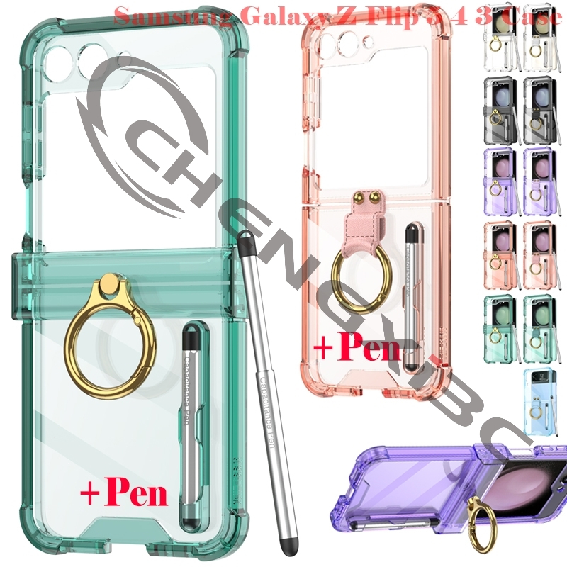 Com Caneta S Invólucro De silicone Transparente Para Samsung Galaxy Z Flip 5 4 3 Estojo De Telefone Anel Flip5 Flip4 airbag anti-Queda Suporte Flip Z5 Z4 Z3