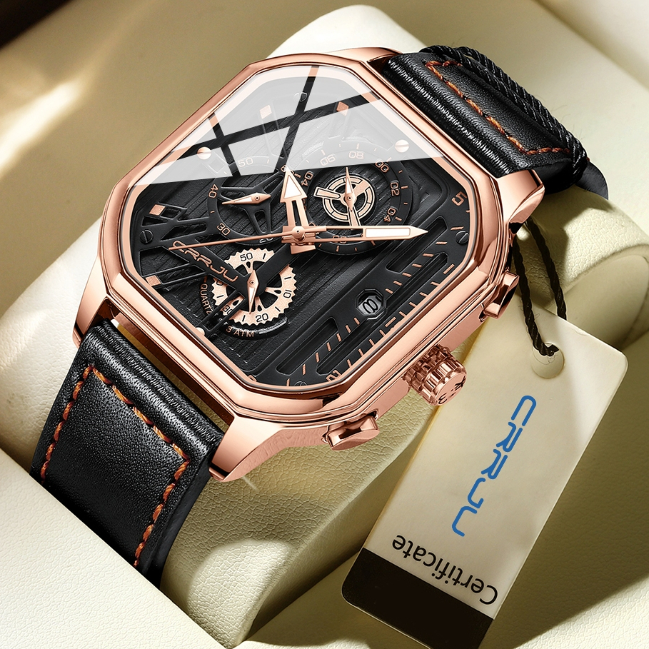 CRRJU Relógio Original De Marca Masculina Multifuncional De Luxo De Couro Quadrada À Prova D'água Quartzo Analógico Comercial 2302 X - Watches