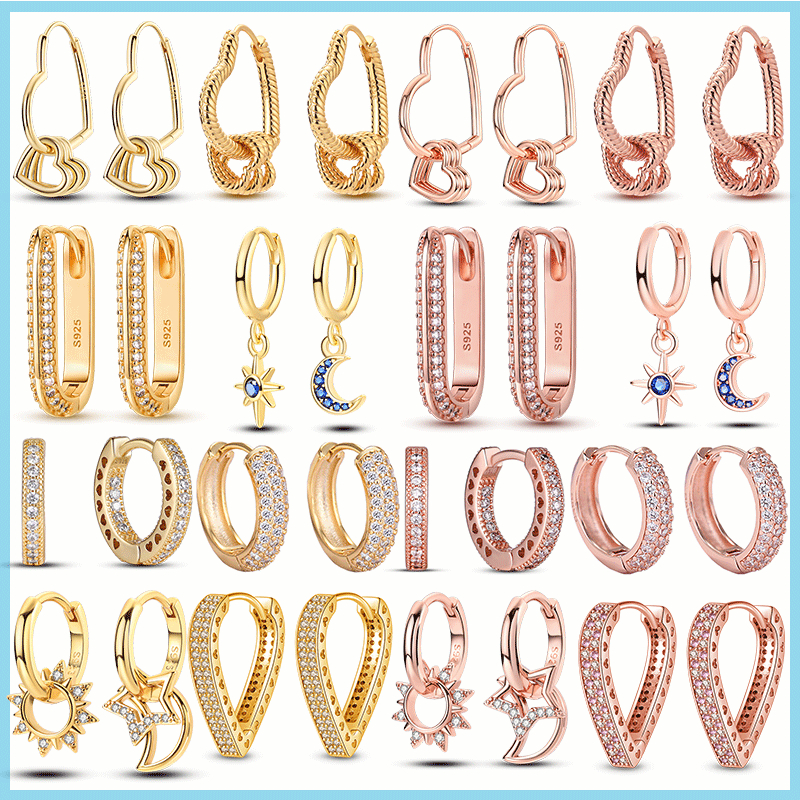Brincos De Noivado Fino Rose Gol Hoop Top Sale 925 Sterling Silver Sparkling Pave CZ U Shape Heart Star Moon