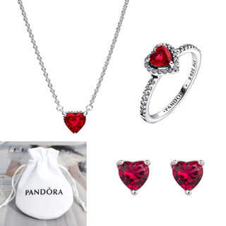 [Conjunto] S925 Brincos com Anel de Prata PAN Brincos Colar de Três Peças Conjunto de Três Peças Colar de Coração Vermelho Moda Colar de Jóias Requintado Conjunto de Presentes para o Dia dos Namorados com Saco de Pano