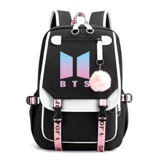 Mochila Feminina Com Interface USB Para Estudantes Uso Bts Casual Tecido Oxford Impermeável Respirável