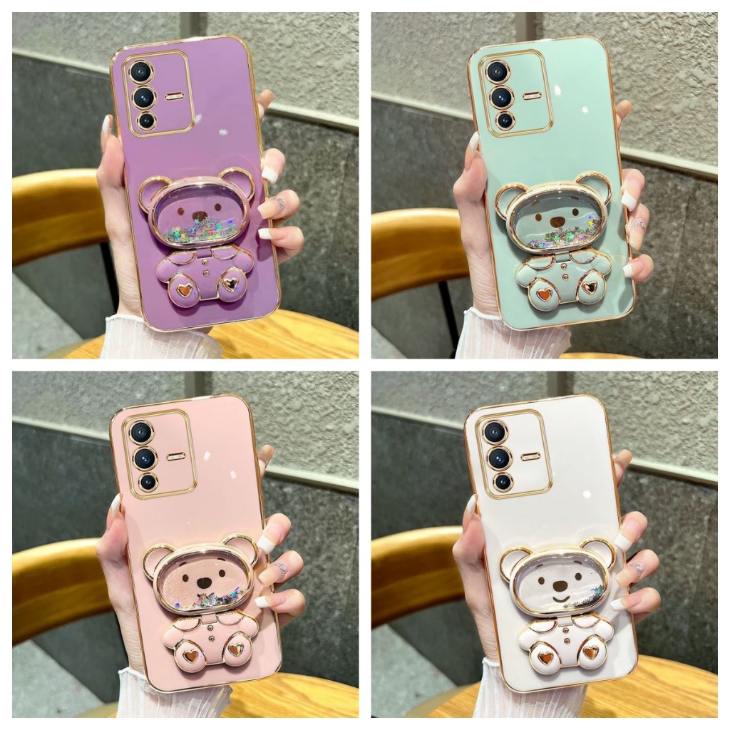 Capa Infinix Smart 7 Spark GO 2023 Smart 6 HD Smart 6 2021 (ram 2) Smart 5 Pro Smart 4 Smart 4C Smart 6 2020 (ram 3) Cute Bear Makeup Mirror Electroplated Phone Case