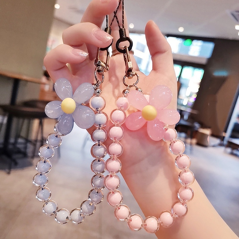 Macaron Color Bead Mobile Phone Lanyard Chain Wrist Rope/Correia De Pulso Ins Para Mulheres/Acessórios De Jóias De Moda/Pulseira Jelly Flower Anti-Perda De Bolsas Chaves Pingente