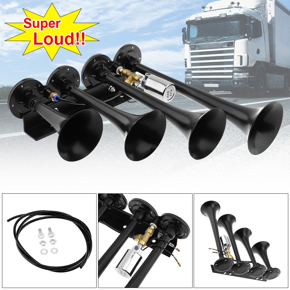 Buzina De Ar Com Som Musical Preto 12V/24V 185db Super Alta De Quatro Trompetes Para Carro/Veículo/Caminhão