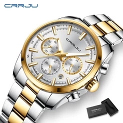 Relógio Multifuncional Original CRRJU Masculino Ponteiro Luminoso Discador De Aço Inoxidável Correia Fashion Casual Negócios Esportivo Quartzo Analógico 2316