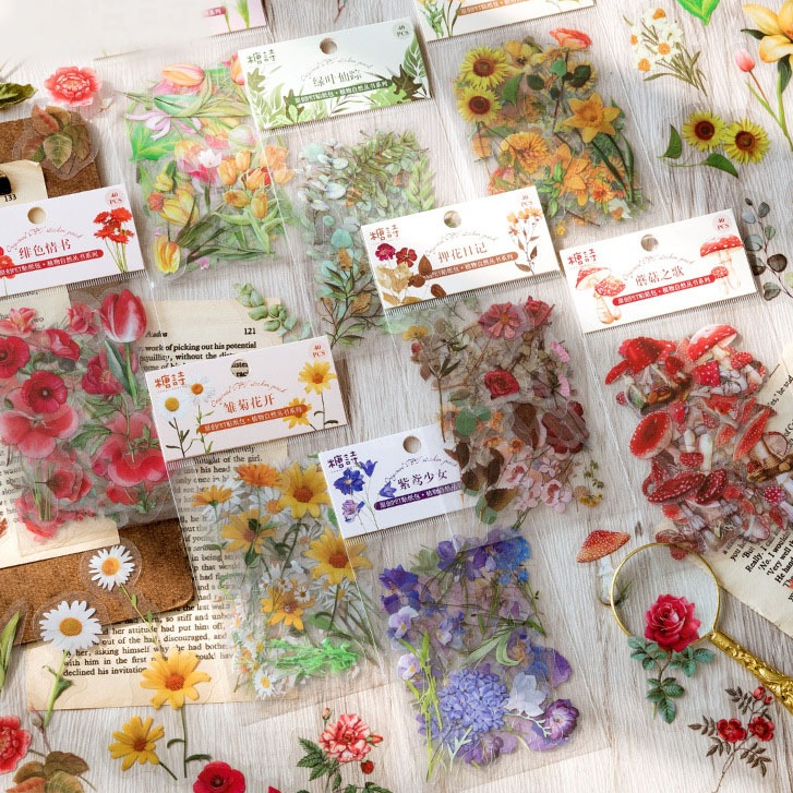 Autocolantes Decorativos De 40pc PET Flower Planta De Faça-Você-Mesmo Material De Raspagem Papelaria Manual Da Kawaii