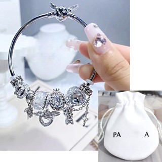 Pulseira Bracelete De Asas De Anjo Princesa Da Coroa Pan De Prata 925 Com 8 Berloque Pingente Charmes