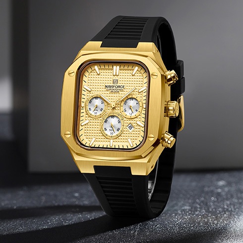 NAVIFORCE 8037 Homens Observam Postos De Moda De Negócios Gold Silicone Strap Wristwatch Cronógrafo Multifuncional Relógio Luminoso À Prova D'água