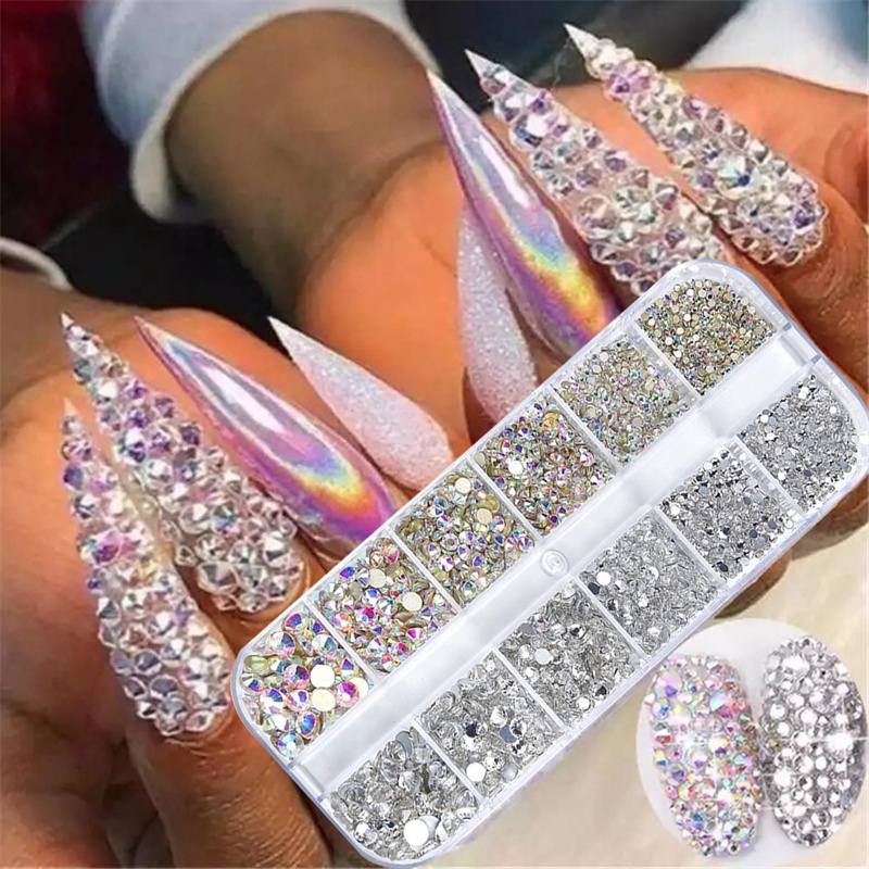 12 compartimentos Caixa AB Color Plus Vidro Branco Vidro Plano Arte de Unhas Diamantes Vários Tamanhos Mistos