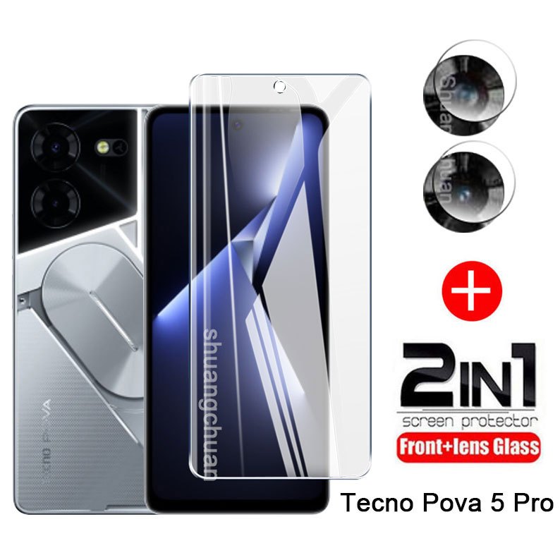 2em1 Para Tecno pova 5 pro Vidro Temperado 3 6 3D Arco Grande HD Sedoso Película De Transparente 9H Protetora De Tela + Lens Protetor