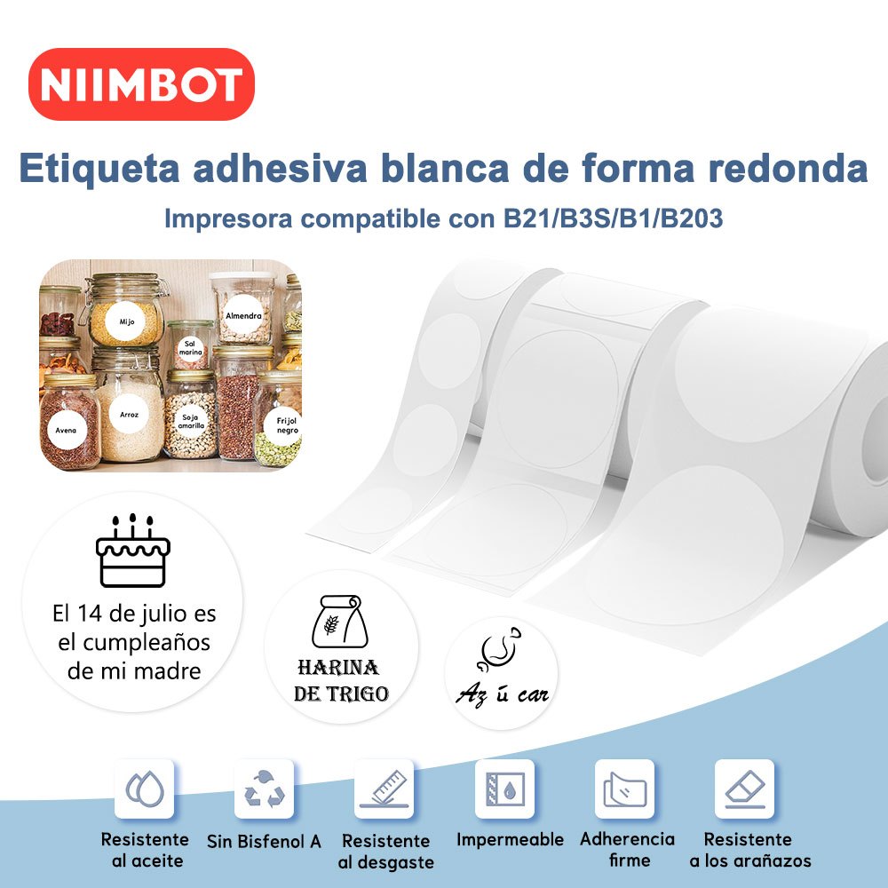 [Para B21/B1/B203/B3S] [Série Redonda] NIIMBOT Papel De Rótulo Térmico Redondo Impressora B21 B1 B203 B3S , Branco E Transparente