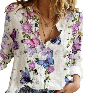 Camisa Floral Feminina De Colarinho Único Com Manga Comprida E Botões Para Primavera/Verão