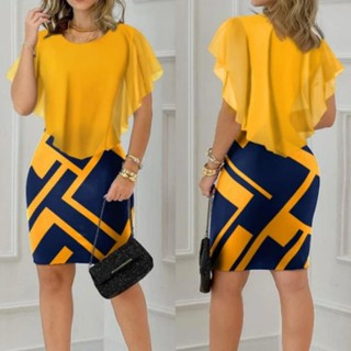 Vestido De Verão Falsos Vestidos De Duas Peças Impressão Geométrica Envoltório De Quadril O-Neck Slim Cintura Retro Bodycon Mini Para Senhoras