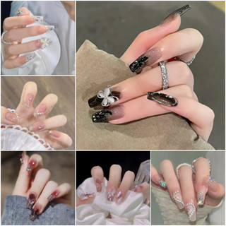 【 24pcs 】 24/Pcs Pregos Falsos De Unhas Falsas Arte De Dedo Francês Pérola De Rhinestone