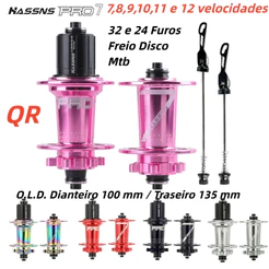 Cubo hassns pro7 mtb Cubos k7 traseiro 32 furos e 24f 135x10mm Dianteiro 100x9mm Rolamento Freio Disco 6 Parafusos