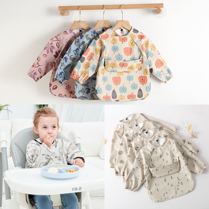 Manga Longa De Alta Qualidade Tecido PU À Prova D'água Easy Wipe Children Kids Bibs Baby Boy Smocks