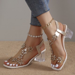 [Pronto para envio] Sandálias De Salto Quadrado Feminino Alto De Luxo Com Broca Flash Sapatos Femininos De Verão Baixo
