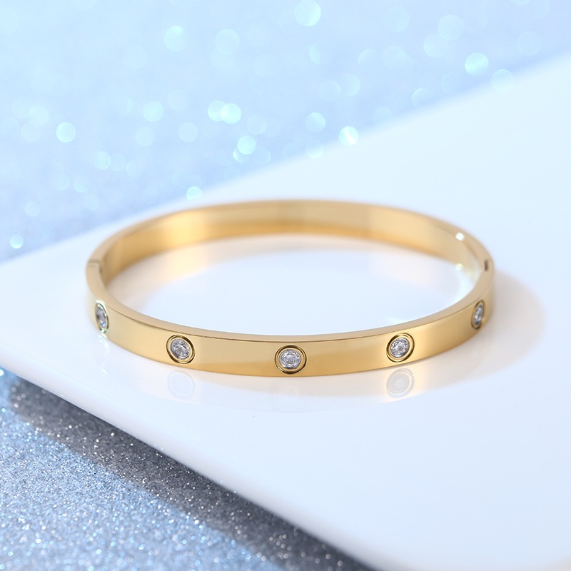HT Moda Full Diamond Titanium Steel Pulseira Feminina Fivela de Aço Inoxidável Pulseira de Dez Diamantes