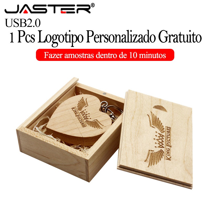 JASTER Unidade Flash USB 2.0 Em Forma De Coração De Madeira + Caixa 128GB Memória Personalizada Gratuita Logotipo Stick 64GB Pen Drive De Casamento 32GB Key Chain Gift U Disco 16GB Lindo Pendrive 8GB 4GB