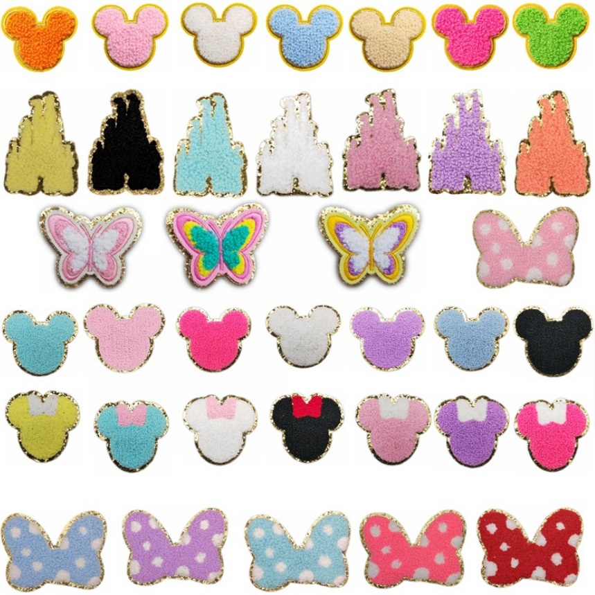 Chenille pelúcia Mickey cabeça Minnie cabeça Bowknot castelo dos desenhos animados bordado pano adesivos buraco moda Ani