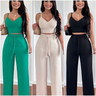 Conjunto Feminino duna areia calça pantalona e cropped com bojo alça regulagem