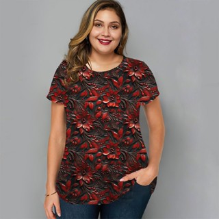 2024 Camiseta Vintage Plus Camisetas De Tamanho Femininas Mola 3D Floral Graphic O-Neck Pullovers Manga Curta Streetwear Pullover Tees Ladies