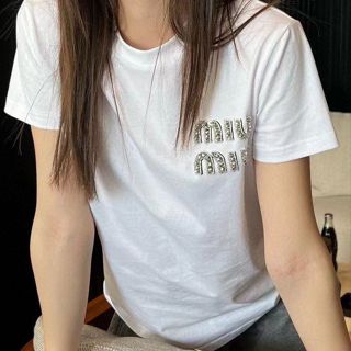 MIUMIU tops Europeus E Americanos De Cristal Diamante Embelezado No Peito LOGO Decoração De Algodão Puro De Manga Curta Camiseta De Pescoço Redondo Produtos high-end Feminino