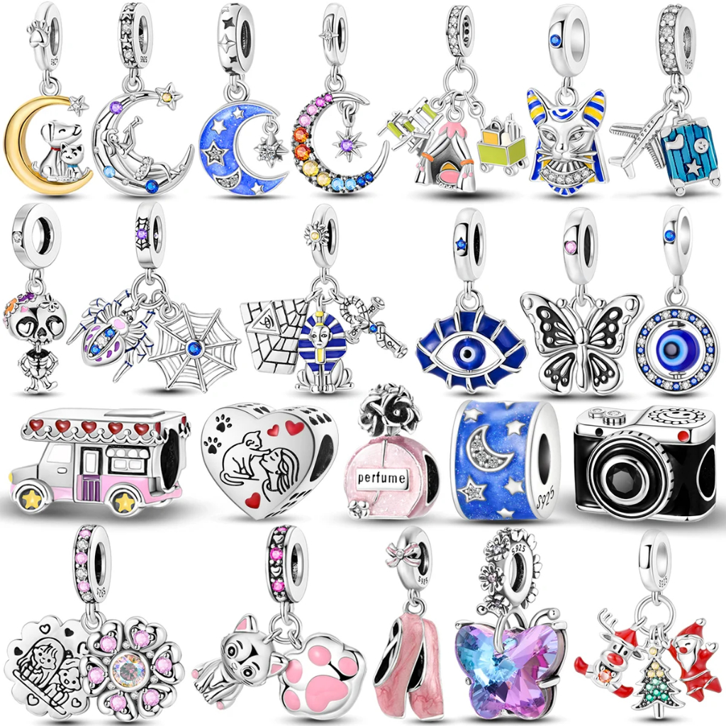 925 Sterling Silver Moon Charms Beads Santa Claus Car Carro Gato Faraó Pirâmide Emaranhado Em Forma De Bracelete Original Jóias De Bricolage