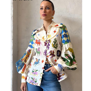 Camisa cardigã de manga longa alfaiataria social moda casual impressão de lapela verão plus size Camisa blusa Novo temperamento feminino (24631)
