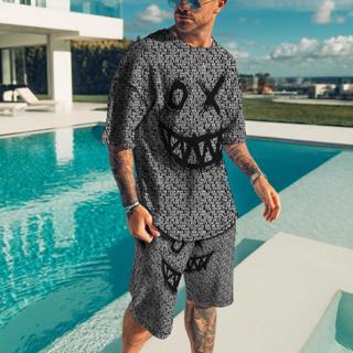 Camiseta de Moda Moda Masculina de Verão T-shirt Casual Funny 3D Impresso O-Neck + Shorts Suit Outdoor Fashion Sportswear