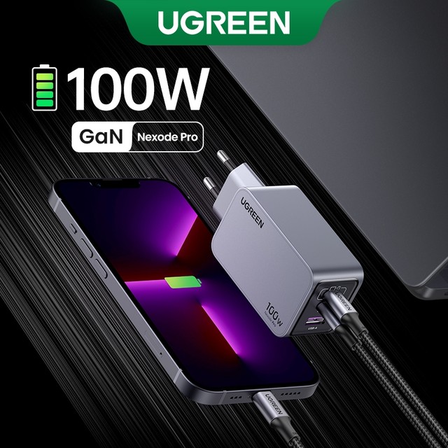 Carregador Nexode Pro 2C1A GaN UGREEN 100W , Carregamento Rápido Para iPhone Série 15-8 Macboook Air Tamanho Menor Que O