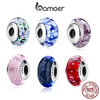 Pulseiras Bamoer DIY 925 Prata Esterlina Lovely Pink Flower European Murano Glass Beads Charmes