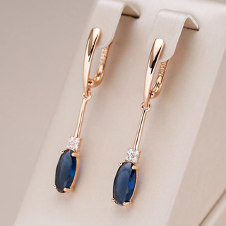 Brincos Ovais De Zircônio Azul Longo Pingente Para Moda Feminina Jóias De Casamento Com Banho De Ouro 18K