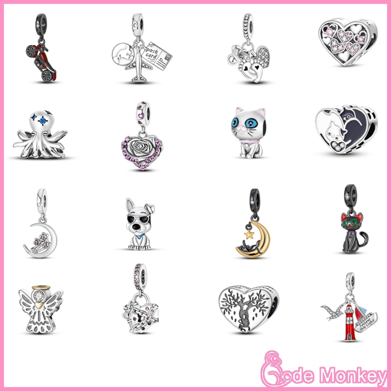 S925 prata moda pulseira charme gato cão série Animal frisado adequado para pulseira DIY jóias fazendo