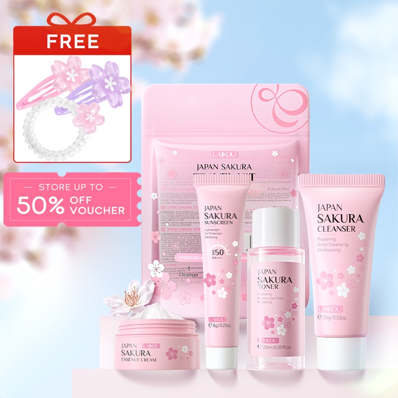 LAIKOU Skincare Travel Set Sakura Vitamina C Com Banda De Cabelo Brilhante Creme Hidratante Facial Para Os Olhos Reduz