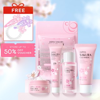 LAIKOU Skincare Travel Set Sakura Vitamina C Com Banda De Cabelo Brilhante Creme Hidratante Facial Para Os Olhos Reduz Rugas