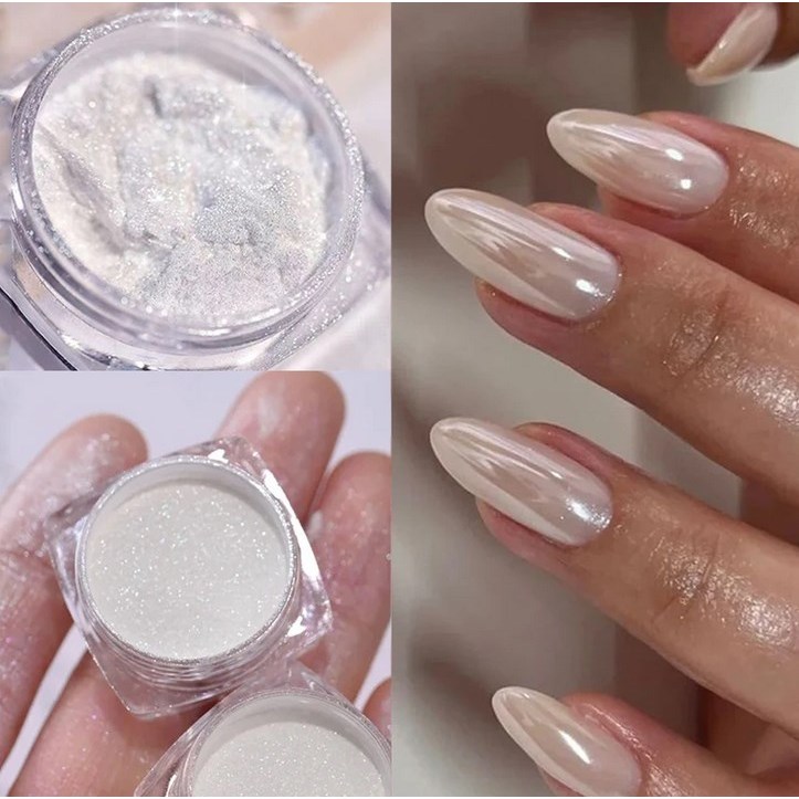 Aurora Pérola Pregos Brancos Glitter Pó Cromado Luz Da Lua Esfregão Branco Em Concha Espelho Pigmento Arte Das Unhas Decoração