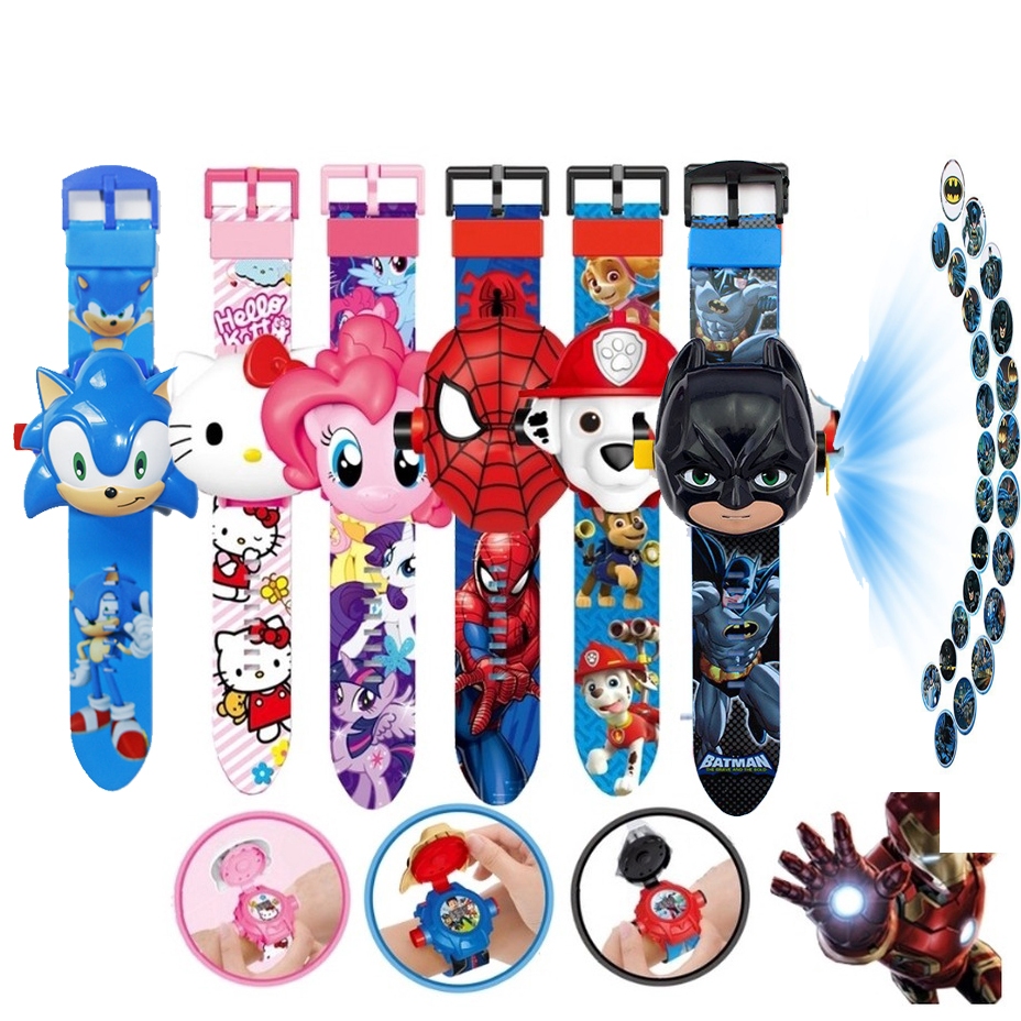 24 Imagens Kids watch toys cartoon Projetor 3D laser Aranha Homem-Patrulha De Patas Congeladas Hello Kitty De Ferro Presente De Natal em Oferta na Shopee