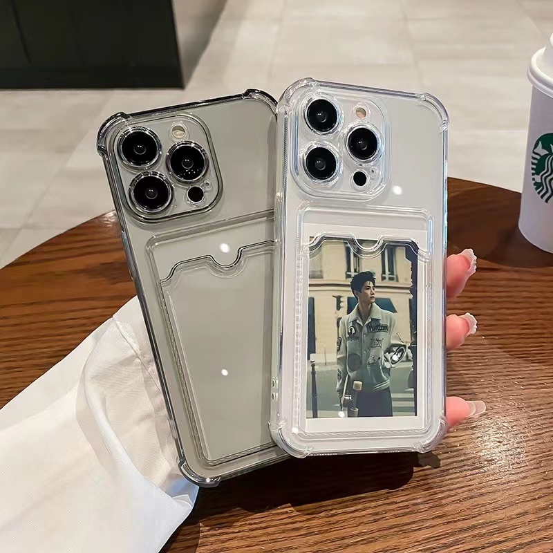 Para iPhone 15 Pro Max 14 13 12 11 Plus X XR XS 6 6S 7 8 SE 2020 Com Slot Fotográfico Clip De Carteira À Prova De Choque Caixa De Silicone Transparente Espessada Telefone