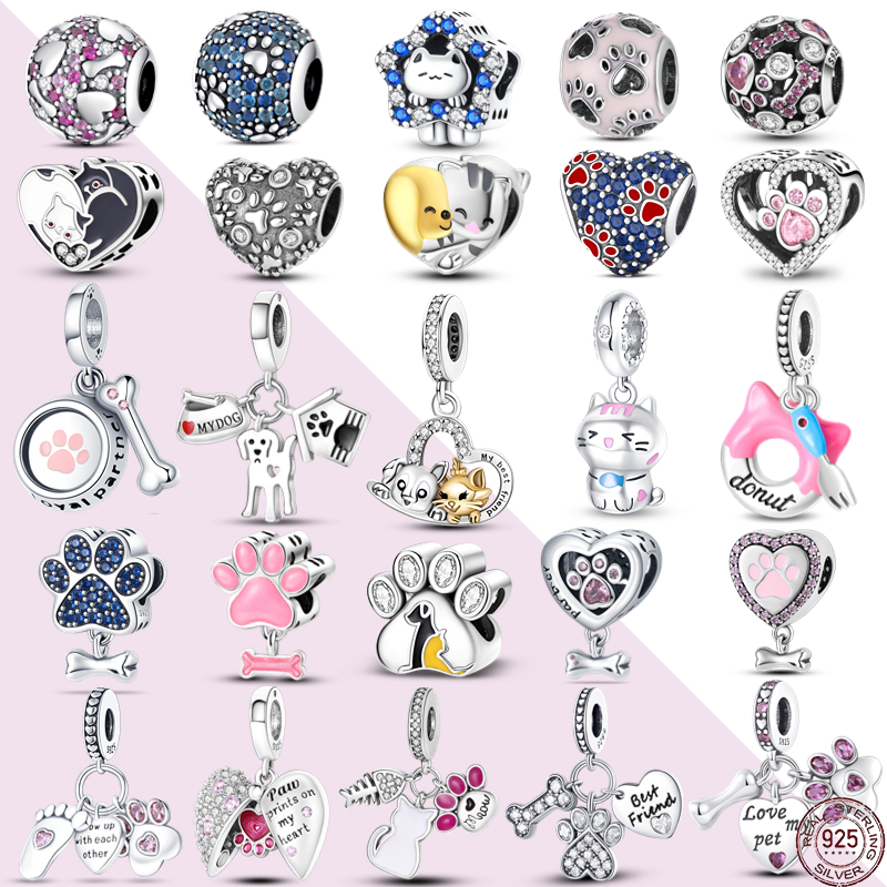 Lindo Gato e Cachorro com Contas de Prata 925 Pulseira Feminina com Contas de Prata Pulseira Feminina com Contas de Prata Acessórios de Moda Mãe Pai Acreditar Jóias Presente