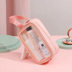 Saco Cosmético De Viagem Portátil De Maquiagem Transparente Organizador Para Meninas Mulheres Homens PU Couro