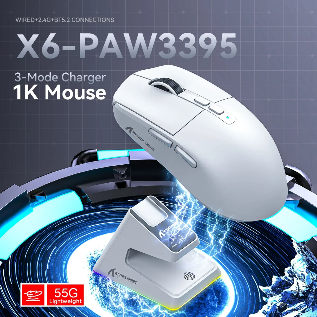 Rato Attack Shark Mouse X6 Bluetooth , PixArt PAW3395 , Conexão Tri-Mode , Base De Carregamento Magnético RGB Touch , Macro Gaming