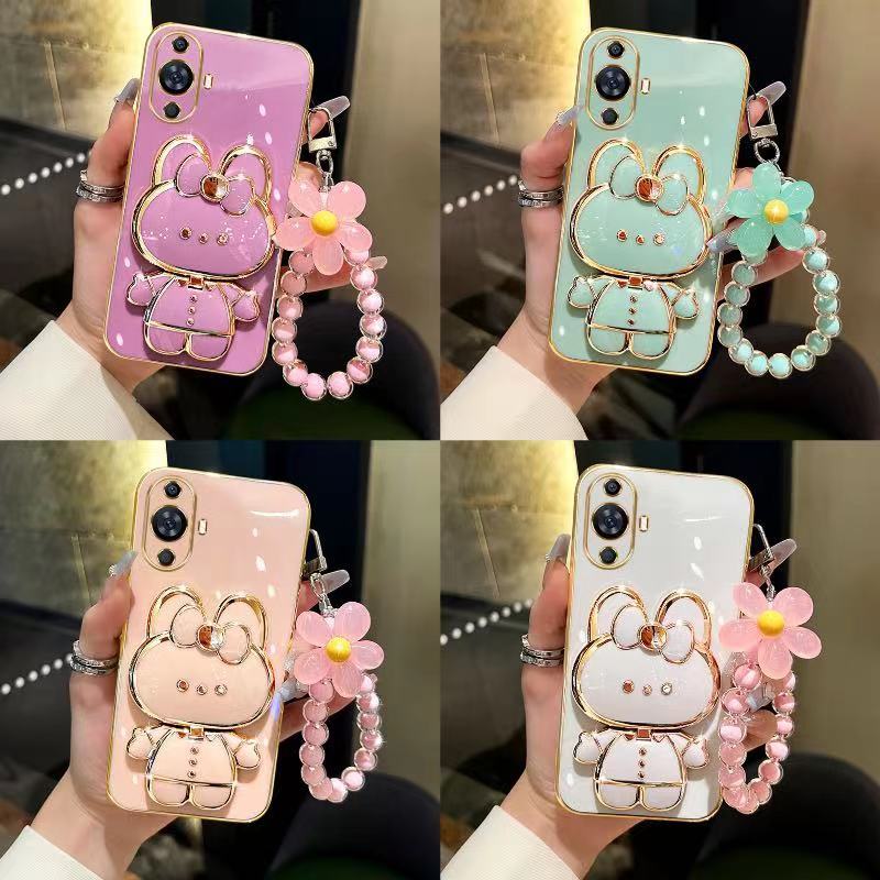 Capa MOTO G30 G20 G10 G60 G40 Fusion G22 G53 G13 G23 Straight edge makeup mirror rabbit holder+flower bracelet phone cas