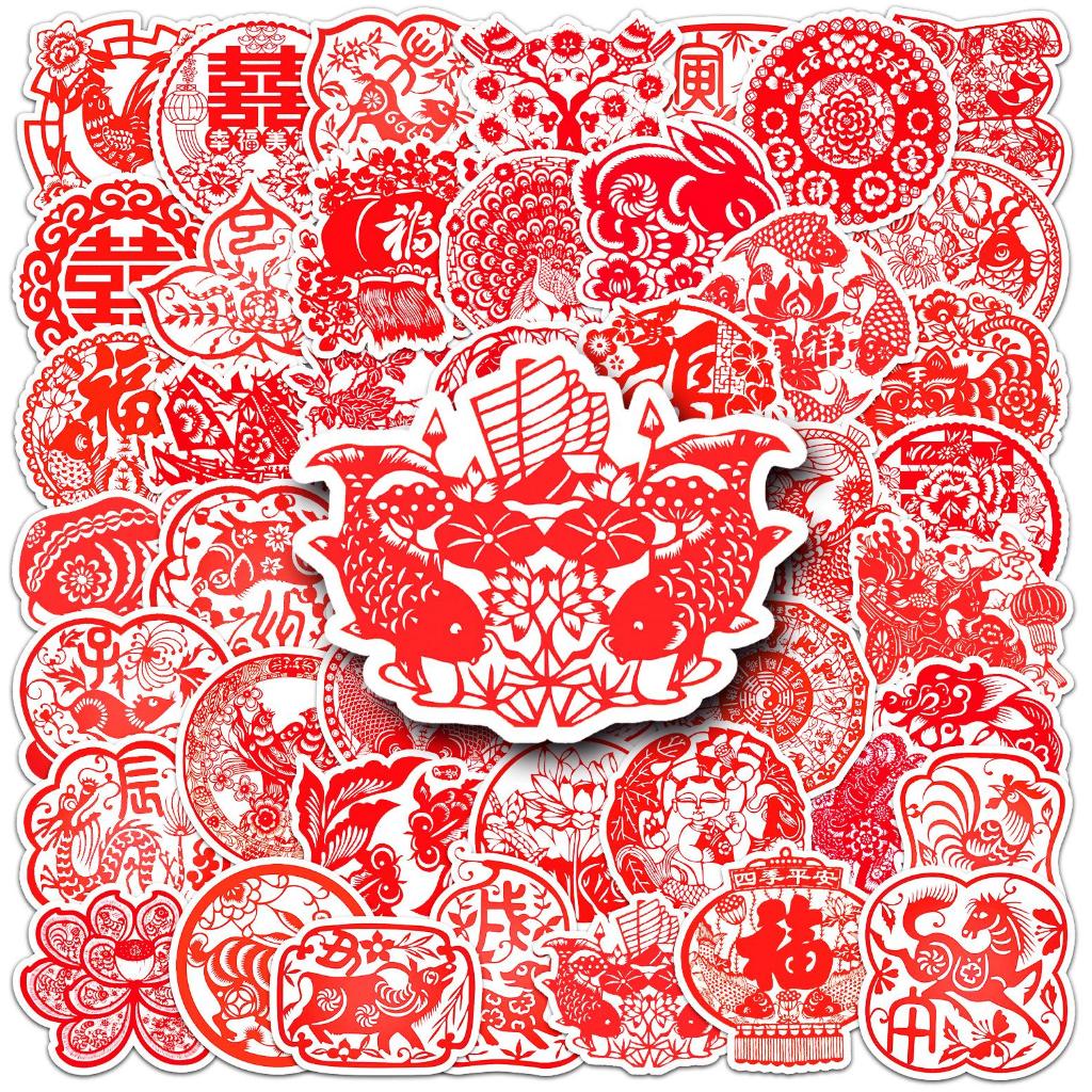 50/10Piece Funny Chinese New Year Paper-Cut Red Sticker À Prova D'água Para Telefones Skateboard Criativo Graffiti Car Motor