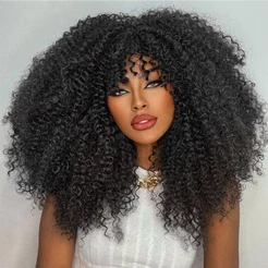 40CM Perucas Curtas Afro Cacheadas Com Bangs Para Mulheres Negras Kinky Sintéticas Fofas Marrons Resistentes Ao Calor