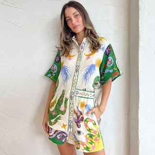 Duas Peças Conjunto kit short feminino blusa camisa manga curta+calcinha Estampa de crocodilo de cobra Estilo de deslocamento impresso manga de três pontos terno de calça casual de modas verão (24532)