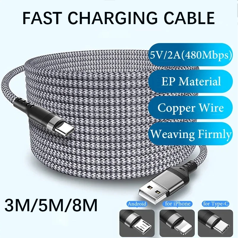 3m 5m 8m 5A Cabo USB Tipo C IOS Micro De Dados De Carregamento Rápido Para Monitor De Câmera De Mesa Smartphone