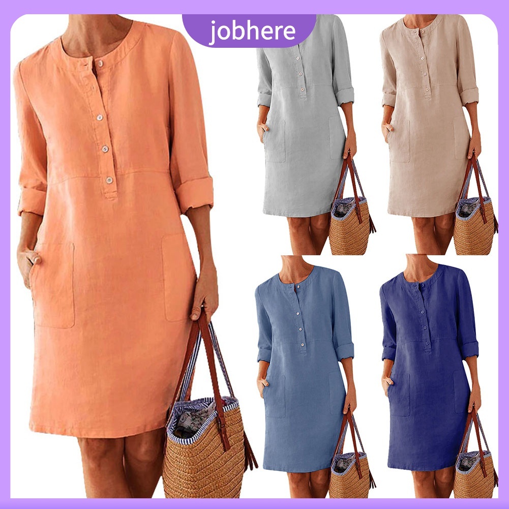 Jobhere Tamanhos Grandes Casual Cor Sólida De Algodão De Linho Feminina Manga Comprida Túnica Vestido Kaftan em Oferta na Shopee